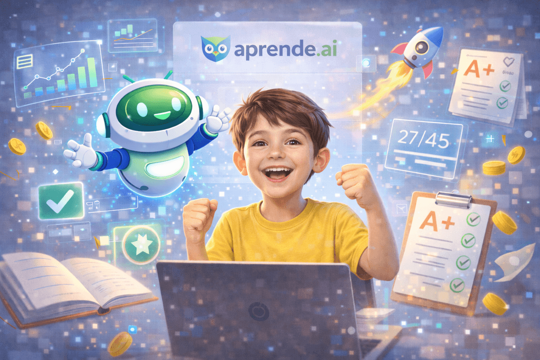 Criança feliz aprendendo com Aprende.AI